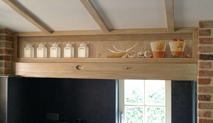 Houtimitatie in een trompe-l'oeil schildering 3D houtimitatie